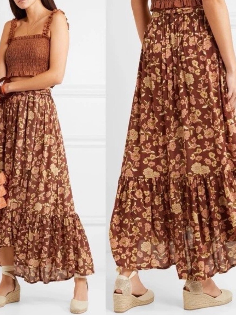 Faithfull the Brand Brown Floral Tiered Maxi Skirt